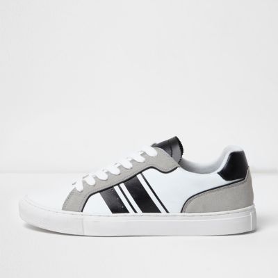 White and grey stripe lace-up trainers